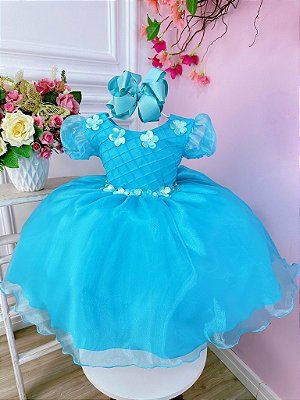 Vestido Infantil Princesa Cinderela / Frozen com Aplique de Flores