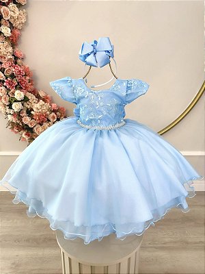 Vestido Infantil Azul Bebê Renda Pérolas Festas