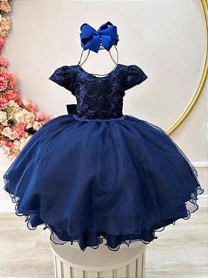 Vestido Infantil Azul Marinho Renda e Cinto de Pérolas