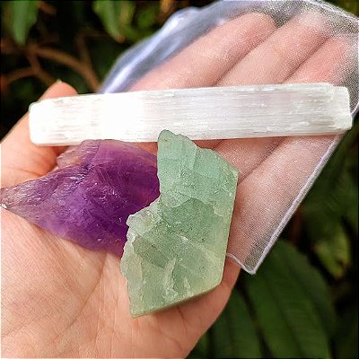 Kit Clareza Mental e Antiansiedade - Água Marinha, Ametista e Selenita Branca