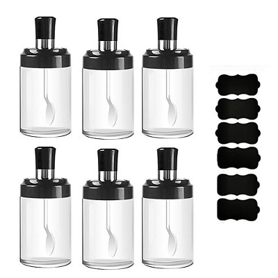 Kit 6 Potes Vidro Com Colher Tempero Condimento Sal Açucar