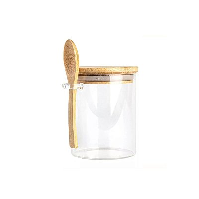 Pote Hermético Vidro Redondo Borossilicato 600ml Tampa Colher Bambu