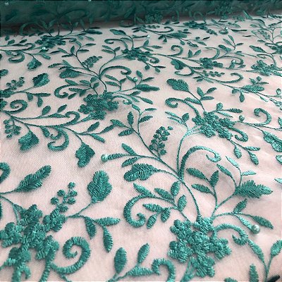 Renda Tule Bordado com Pérolas - Floral Verde Tiffany