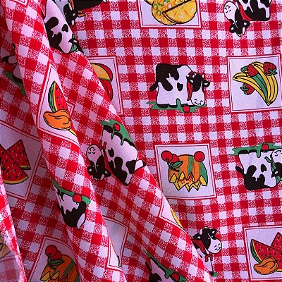 Oxford Estampado - Vaca e Frutas Fundo Xadrez Vermelho - 1,50m de Largura