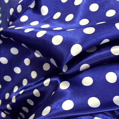 Cetim Estampado - Poá Médio Bolinha Branca Fundo Azul Royal