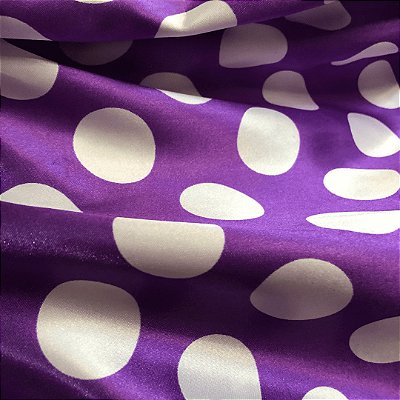 Cetim Estampado - Poá Gigante Bola Branca Fundo Roxo