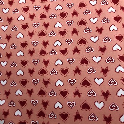 Malha Suede Pijama - Coração Fundo Rosa - 1,60m de Largura