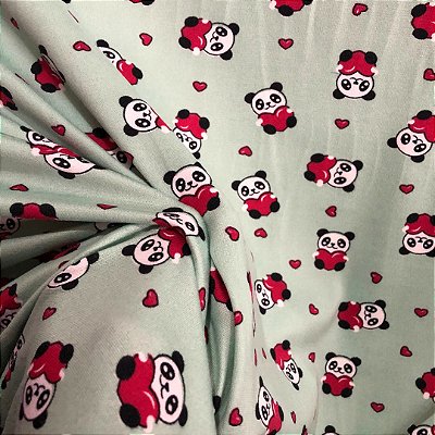 Malha Suede Pijama - Panda Fundo Verde - 1,60m de Largura