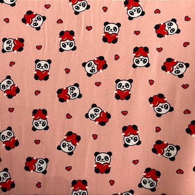 Malha Suede Pijama - Panda Fundo Rosa - 1,60m de Largura