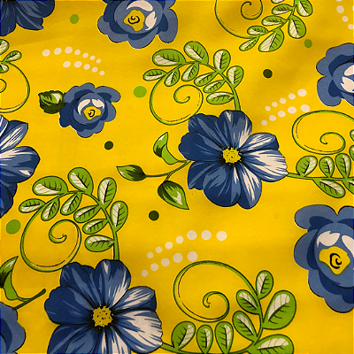 Tecido Chita Poliéster - Flor Azul Fundo Amarelo - 1,50m de Largura