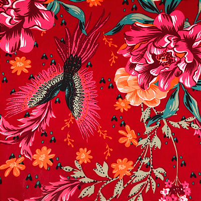 Liganete Estampada - Flor e Fênix Fundo Vermelho - 1,50m de Largura