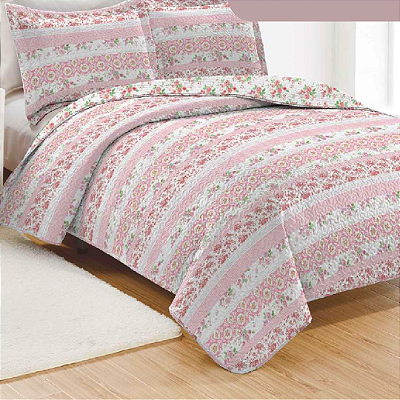 Kit Colcha King Dupla Face Matelassê com 02 Porta Travesseiros - Listra Floral