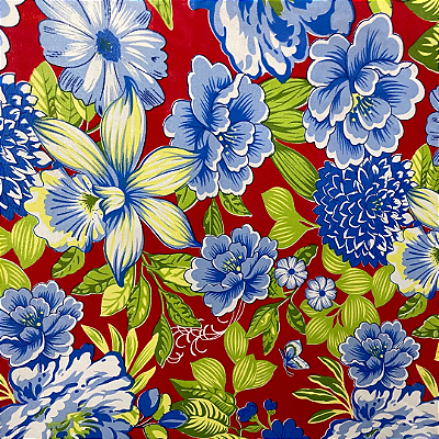 Tecido Chita Poliéster - Floral Azul  Fundo Vermelho - 1,50m de Largura