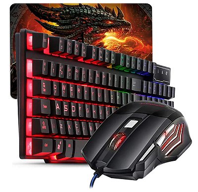 Kit Gamer Teclado Semi Mecânico + Mouse 3200 DPI RGB + Mouse Pad – Evolut USB