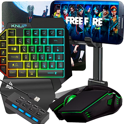 Kit Gamer Mobile para Celular Android – Teclado One-Hand RGB + Mouse USB + Tripé + OTG Tipo-C e Micro USB + Mouse Pad
