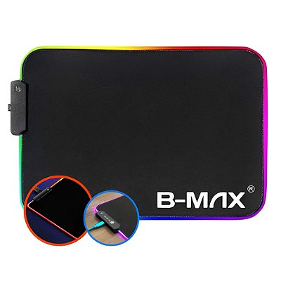 Mouse Pad Gamer RGB B-Max BM-781 – Iluminação LED, Antiderrapante, Impermeável, 25x35cm – Ideal para Setups Gamer