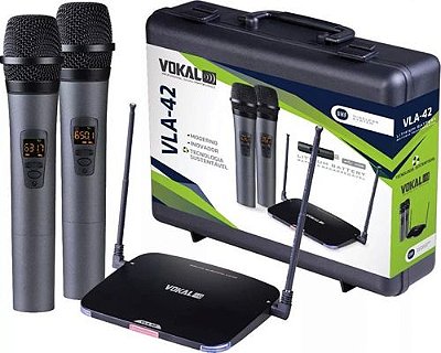 Microfone de Mão Duplo Vokal sem Fio VLA42 - Bateria Recarregavel