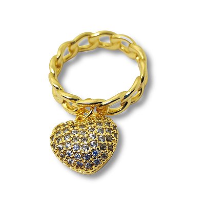 Anel luxo malha corrente com pingente de coração