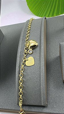 PULSEIRA MALHA ELO PORTUGUÊS PINGENTE CORAÇÃO