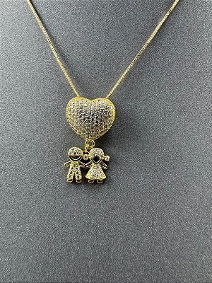 CORRENTE COM PINGENTE CORAÇÃO CASAL FILHOS