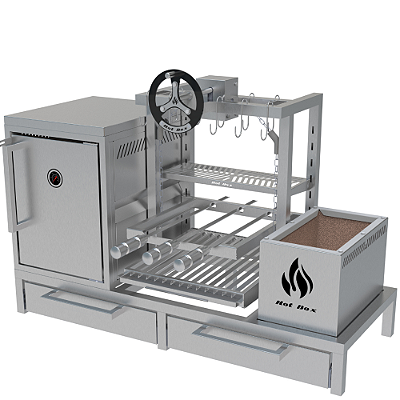 Churrasqueira Parrilla Residencial Hotbox Premium INOX 304 - Para Alvenaria 112 x 45cm - Com Volante e Forno