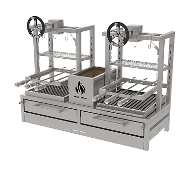 Churrasqueira Parrilla Residencial Premium Hotbox Dupla INOX 304 - Bancada 118 x 45cm - Com Volante