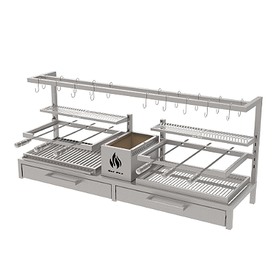 Churrasqueira Parrilla Residencial Premium Hotbox Dupla INOX 304 - Alvenaria Com Tendal e Porta 165 x 45cm