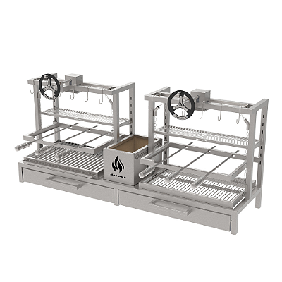 Churrasqueira Parrilla Residencial Hotbox Premium Dupla INOX 304 - Alvenaria Com Volante e Porta 165 x 45cm