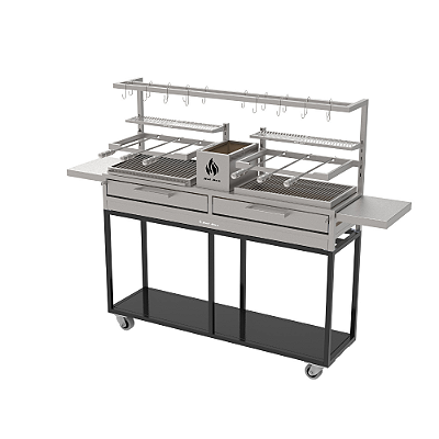 Churrasqueira Parrilla Residencial Premium Hotbox Dupla INOX 304 - Carrinho Com Tendal 165 x 45cm