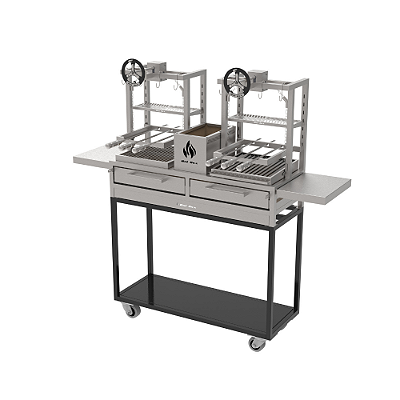Churrasqueira Parrilla Residencial Premium Dupla INOX 304 - Carrinho Com Volante 118 x 45cm