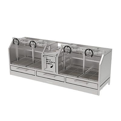 Churrasqueira Parrilla Profissional de Bancada Premium 215x60cm 4 Volantes - INOX 304 - Carenada