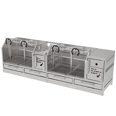 Churrasqueira Parrilla Profissional Premium 250x60cm 4 Volantes Com Forno - INOX 304 - Carenada