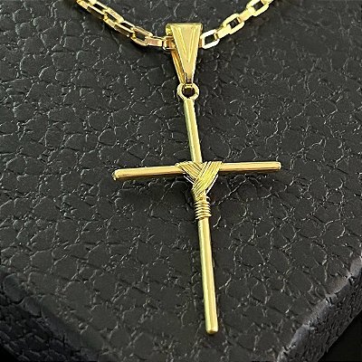 Pingente Cruz Palito Amarrada – Banhado a Ouro 18K
