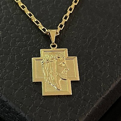 Pingente Cruz Quadrada com Face de Jesus – Banhado a Ouro 18K