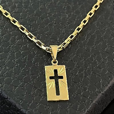 Pingente Placa com Cruz Vazada – Banhado a Ouro 18K