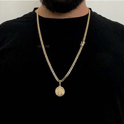CORRENTE LACRAIA( 4mm- 70Cm) + PINGENTE MEDALHA SÃO BENTO DUPLA FACE - FECHO COM MARCAÇÃO 750 - BANHADO A OURO 18K.