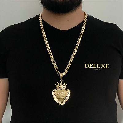 CORRENTE FRISO S( 8mm- 70Cm) + PINGENTE JESUS É O DONO DO LUGAR - FECHO COM MARCAÇÃO 750 - BANHADO A OURO 18K