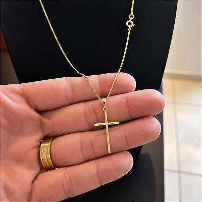 CORRENTE VENEZIANA (2mm- 70cm) + PINGENTE CRUZ LISA - BANHO DE OURO 18k
