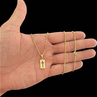 CORRENTE VENEZIANA ( 1.8mm -70cm) + PINGENTE PLAQUINHA COM CRUZ VAZADA    - BANHO DE OURO 18k