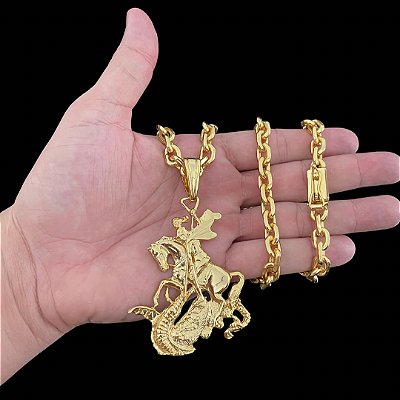 Corrente Cadeado 8mm 70cm + Pingente São Jorge a Cavalo – Banhada a Ouro 18K