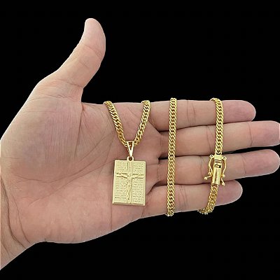 Corrente Lacraia 4mm 70cm + Pingente Placa – Banho Ouro 18k