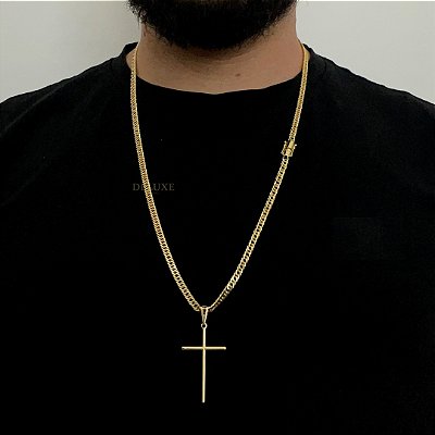 Corrente Lacraia 4mm 70cm + Pingente Cruz – Banho Ouro 18k