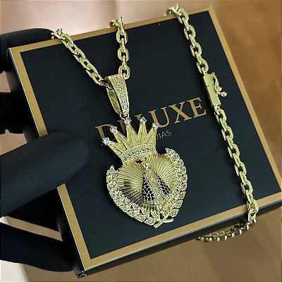CORRENTE CADEADO( 7mm -70Cm) + PINGENTE CORAÇÃO  NOSSA SENHORA CRAVEJADA G - FECHO COM MARCAÇÃO 750 - BANHADO A OURO 18K