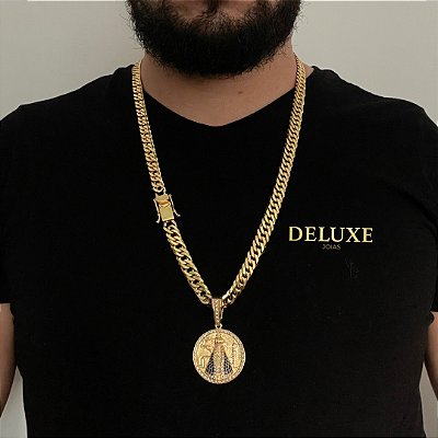 CORRENTE LACRAIA (10mm- 70cm )+ PINGENTE MEDALHA DE NOSSA SENHOA - BANHADO A OURO 18K