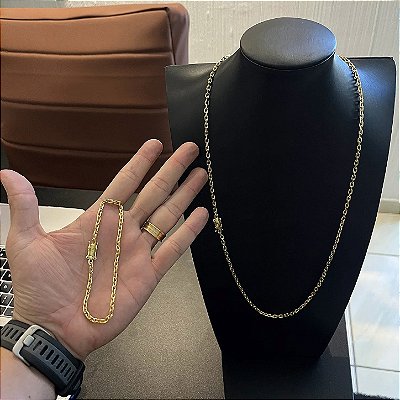 Corrente Cadeado 3mm 70cm + Pulseira 21cm – Banho Ouro 18k