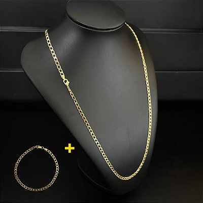 Corrente Grumet 4mm 70cm + Pulseira 21cm – Banho Ouro 18k