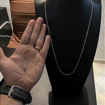 Corrente Cadeado 2mm 70cm + Pulseira 21cm – Banho Ouro 18k