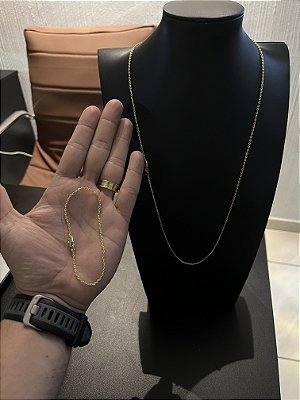 CORRENTE CADEADO FECHO CONVENCIONAL (2mm-70Cm) + PULSEIRA CADEADO   FECHO CONVENCIONAL (2mm-20Cm) - BANHADO A OURO 18K