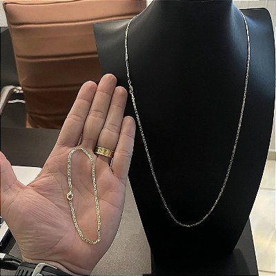 Corrente Piastrine 2mm 70cm + Pulseira 21cm – Banho Ouro 18k