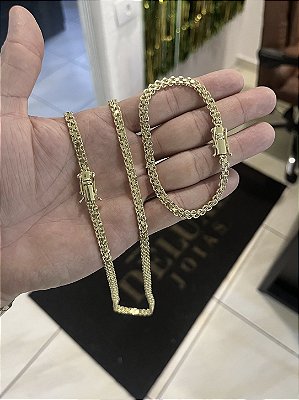 Corrente Cadeado 5mm 70cm + Pulseira 21cm – Banho Ouro 18k